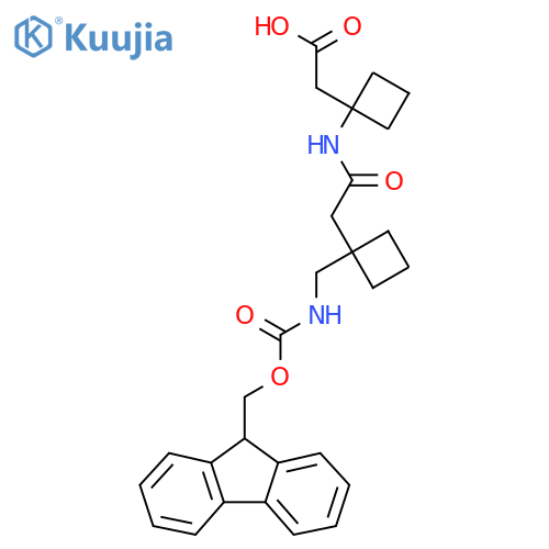 2-1-(2-{1-({(9H-fluoren-9-yl)methoxycarbonyl}amino)methylcyclobutyl}acetamido)cyclobutylacetic acid structure