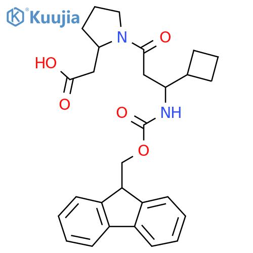 2-{1-3-cyclobutyl-3-({(9H-fluoren-9-yl)methoxycarbonyl}amino)propanoylpyrrolidin-2-yl}acetic acid structure