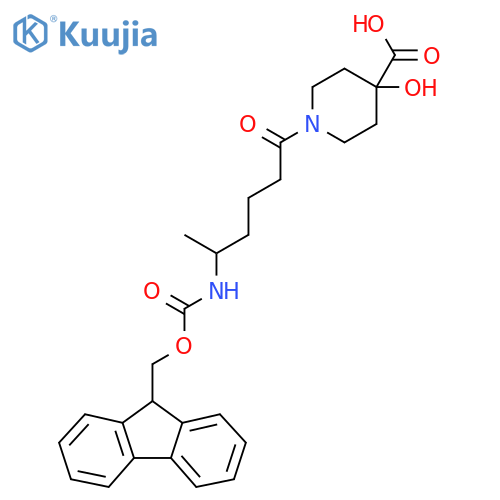 1-5-({(9H-fluoren-9-yl)methoxycarbonyl}amino)hexanoyl-4-hydroxypiperidine-4-carboxylic acid structure