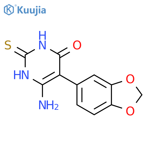 6-amino-5-(1,3-dioxaindan-5-yl)-2-sulfanyl-3,4-dihydropyrimidin-4-one structure