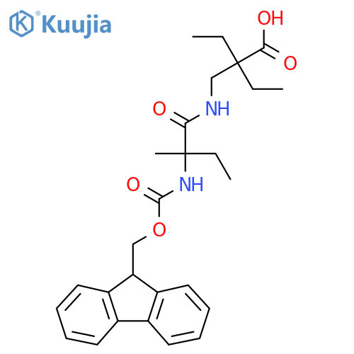 2-ethyl-2-{2-({(9H-fluoren-9-yl)methoxycarbonyl}amino)-2-methylbutanamidomethyl}butanoic acid structure