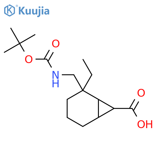 2-({(tert-butoxy)carbonylamino}methyl)-2-ethylbicyclo4.1.0heptane-7-carboxylic acid structure