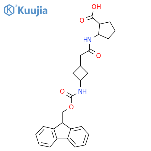 2-{2-3-({(9H-fluoren-9-yl)methoxycarbonyl}amino)cyclobutylacetamido}cyclopentane-1-carboxylic acid structure