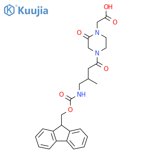 2-{4-4-({(9H-fluoren-9-yl)methoxycarbonyl}amino)-3-methylbutanoyl-2-oxopiperazin-1-yl}acetic acid structure