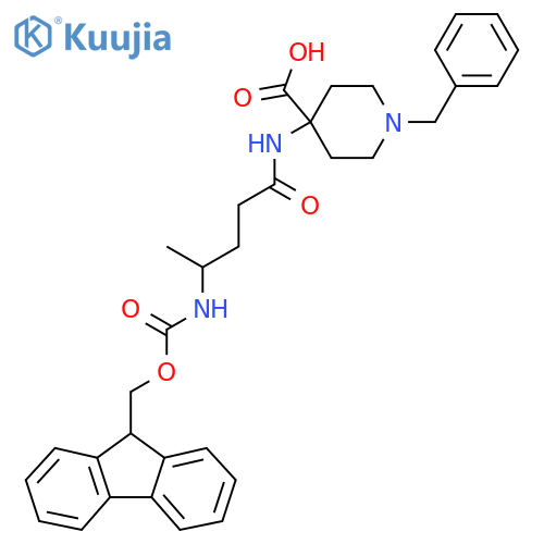1-benzyl-4-4-({(9H-fluoren-9-yl)methoxycarbonyl}amino)pentanamidopiperidine-4-carboxylic acid structure