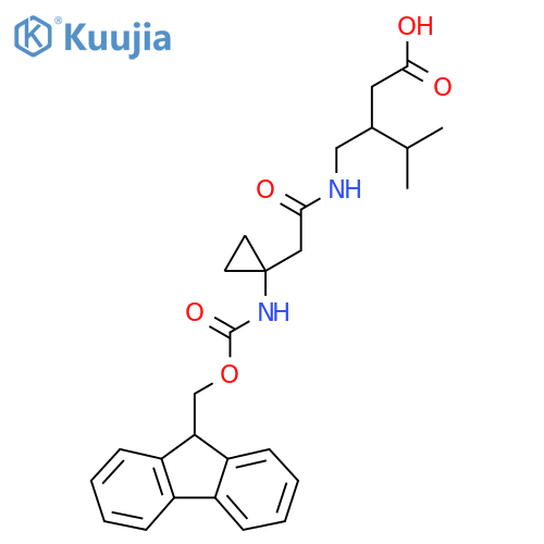 3-({2-1-({(9H-fluoren-9-yl)methoxycarbonyl}amino)cyclopropylacetamido}methyl)-4-methylpentanoic acid structure
