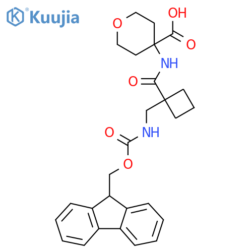 4-{1-({(9H-fluoren-9-yl)methoxycarbonyl}amino)methylcyclobutaneamido}oxane-4-carboxylic acid structure