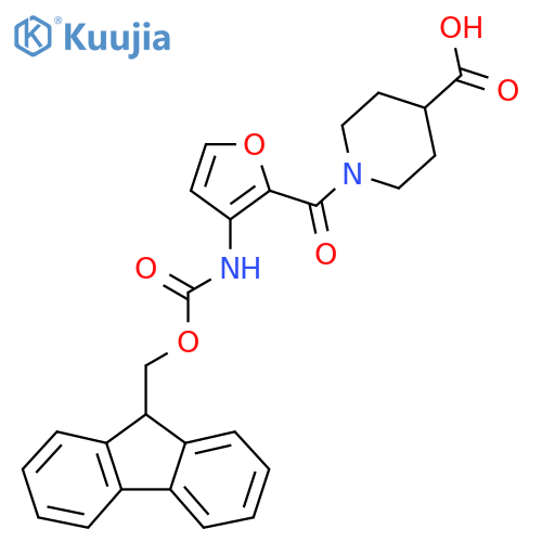 1-3-({(9H-fluoren-9-yl)methoxycarbonyl}amino)furan-2-carbonylpiperidine-4-carboxylic acid structure