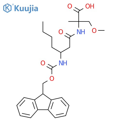 2-3-({(9H-fluoren-9-yl)methoxycarbonyl}amino)heptanamido-3-methoxy-2-methylpropanoic acid structure