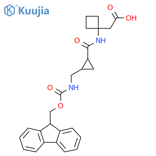 2-(1-{2-({(9H-fluoren-9-yl)methoxycarbonyl}amino)methylcyclopropaneamido}cyclobutyl)acetic acid structure