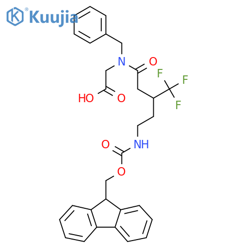 2-N-benzyl-5-({(9H-fluoren-9-yl)methoxycarbonyl}amino)-3-(trifluoromethyl)pentanamidoacetic acid structure