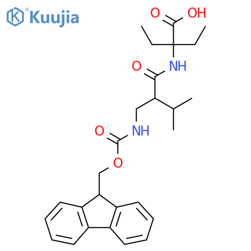 2-ethyl-2-{2-({(9H-fluoren-9-yl)methoxycarbonyl}amino)methyl-3-methylbutanamido}butanoic acid structure