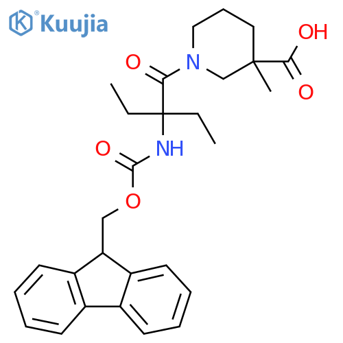 1-2-ethyl-2-({(9H-fluoren-9-yl)methoxycarbonyl}amino)butanoyl-3-methylpiperidine-3-carboxylic acid structure