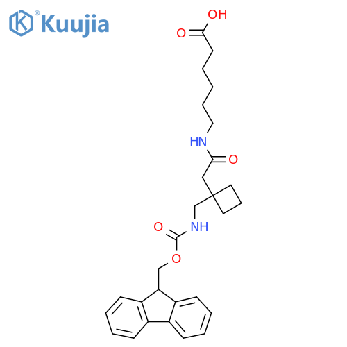 6-(2-{1-({(9H-fluoren-9-yl)methoxycarbonyl}amino)methylcyclobutyl}acetamido)hexanoic acid structure