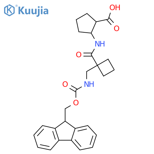 2-{1-({(9H-fluoren-9-yl)methoxycarbonyl}amino)methylcyclobutaneamido}cyclopentane-1-carboxylic acid structure