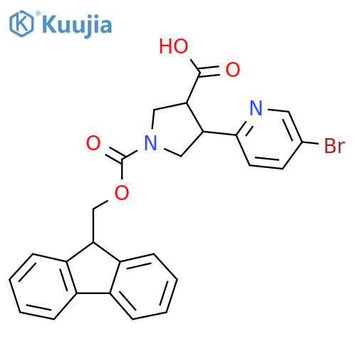 4-(5-bromopyridin-2-yl)-1-{(9H-fluoren-9-yl)methoxycarbonyl}pyrrolidine-3-carboxylic acid structure