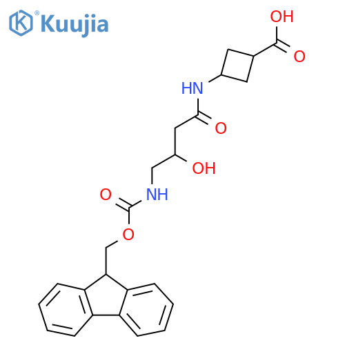 3-4-({(9H-fluoren-9-yl)methoxycarbonyl}amino)-3-hydroxybutanamidocyclobutane-1-carboxylic acid structure