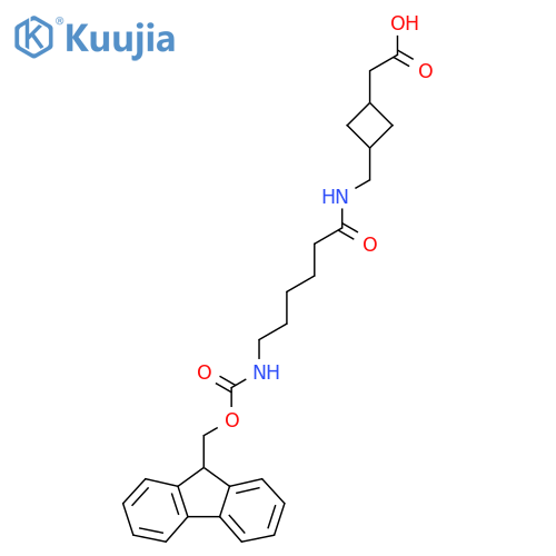 2-(3-{6-({(9H-fluoren-9-yl)methoxycarbonyl}amino)hexanamidomethyl}cyclobutyl)acetic acid structure