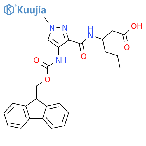 3-{4-({(9H-fluoren-9-yl)methoxycarbonyl}amino)-1-methyl-1H-pyrazol-3-ylformamido}hexanoic acid structure