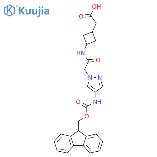 2-(3-{2-4-({(9H-fluoren-9-yl)methoxycarbonyl}amino)-1H-pyrazol-1-ylacetamido}cyclobutyl)acetic acid structure