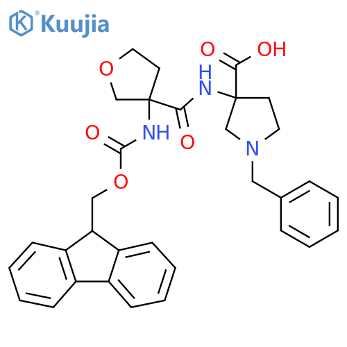 1-benzyl-3-3-({(9H-fluoren-9-yl)methoxycarbonyl}amino)oxolane-3-amidopyrrolidine-3-carboxylic acid structure