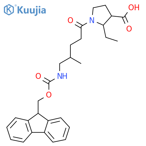 2-ethyl-1-5-({(9H-fluoren-9-yl)methoxycarbonyl}amino)-4-methylpentanoylpyrrolidine-3-carboxylic acid structure