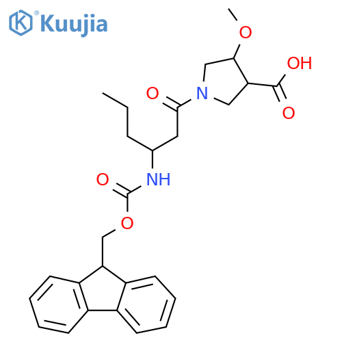 1-[3-({[(9H-fluoren-9-yl)methoxy]carbonyl}amino)hexanoyl]-4-methoxypyrrolidine-3-carboxylic acid structure