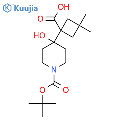 1-{1-(tert-butoxy)carbonyl-4-hydroxypiperidin-4-yl}-3,3-dimethylcyclobutane-1-carboxylic acid structure