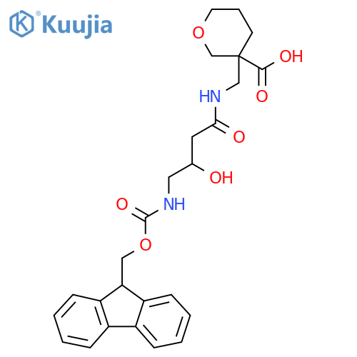 3-{4-({(9H-fluoren-9-yl)methoxycarbonyl}amino)-3-hydroxybutanamidomethyl}oxane-3-carboxylic acid structure