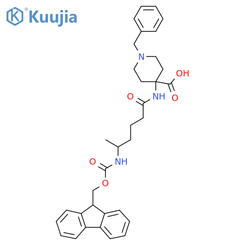 1-benzyl-4-5-({(9H-fluoren-9-yl)methoxycarbonyl}amino)hexanamidopiperidine-4-carboxylic acid structure