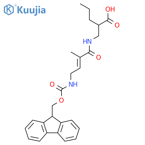 2-{4-({(9H-fluoren-9-yl)methoxycarbonyl}amino)-2-methylbut-2-enamidomethyl}pentanoic acid structure