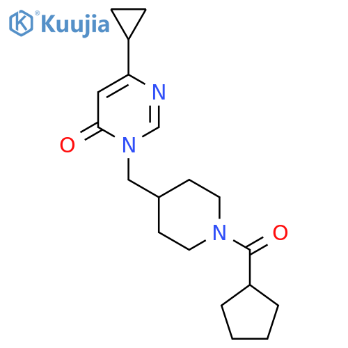 3-(1-cyclopentanecarbonylpiperidin-4-yl)methyl-6-cyclopropyl-3,4-dihydropyrimidin-4-one structure