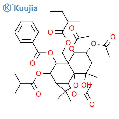 1,2,4,6,8,9,14-Heptahydroxydihydro-β-agarofuran; (1α,2α,4β,6β,8α,9β)-form, 9-Benzoyl, 8,14-bis-O-(2-methylbutanoyl), 1,2,6-tri-Ac structure