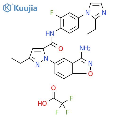 1H-Pyrazole-5-carboxamide, 1-(3-amino-1,2-benzisoxazol-5-yl)-3-ethyl-N-[4-(2-ethyl-1H-imidazol-1-yl)-2-fluorophenyl]-, 2,2,2-trifluoroacetate (1:1) structure