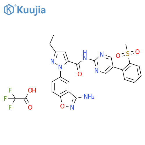 1H-Pyrazole-5-carboxamide,1-(3-amino-1,2-benzisoxazol-5-yl)-3-ethyl-N-[5-[2-(methylsulfonyl)phenyl]-2-pyrimidinyl]-, mono(trifluoroacetate) structure