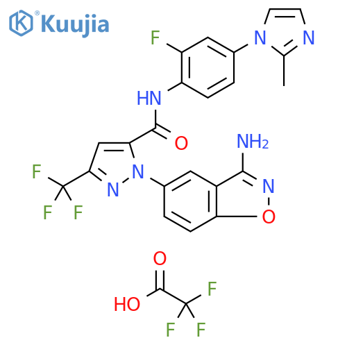 1H-Pyrazole-5-carboxamide,1-(3-amino-1,2-benzisoxazol-5-yl)-N-[2-fluoro-4-(2-methyl-1H-imidazol-1-yl)phenyl]-3-(trifluoromethyl)-, mono(trifluoroacetate) structure