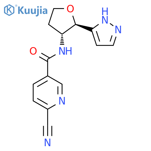 6-Cyano-N-[(2R,3R)-2-(1H-pyrazol-5-yl)oxolan-3-yl]pyridine-3-carboxamide structure