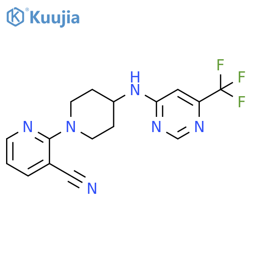 2-(4-{[6-(trifluoromethyl)pyrimidin-4-yl]amino}piperidin-1-yl)pyridine-3-carbonitrile structure