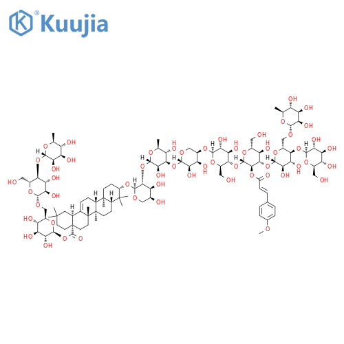 Olean-12-en-28-oicacid, 3-[[O-6-deoxy-a-L-mannopyranosyl-(1(R)6)-O-[b-D-glucopyranosyl-(1(R)4)]-O-b-D-glucopyranosyl-(1(R)3)-O-2-O-[(2E)-3-(4-methoxyphenyl)-1-oxo-2-propenyl]-b-D-glucopyranosyl-(1(R)4)-O-b-D-glucopyranosyl-(1(R)4)-O-b-D-ribopyranosyl-(1(R)3)-O-6-deoxy-a-L-mannopyranosyl-(1(R)2)-a-L-arabinopyranosyl]oxy]-,O-6-deoxy-a-L-mannopyranosyl-(1(R)4)-O-b-D-glucopyranosyl-(1(R)6)-b-D-glucopyranosyl ester, (3b)- (9CI) structure