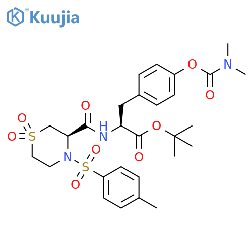 L-Tyrosine,N-[[(3R)-4-[(4-methylphenyl)sulfonyl]-1,1-dioxido-3-thiomorpholinyl]carbonyl]-, 1,1-dimethylethyl ester, dimethylcarbamate (ester) structure