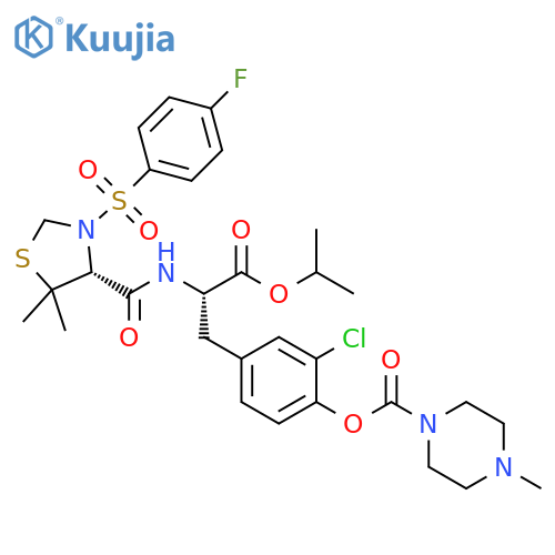 L-Tyrosine,3-chloro-N-[[(4R)-3-[(4-fluorophenyl)sulfonyl]-5,5-dimethyl-4-thiazolidinyl]carbonyl]-, 1-methylethyl ester, 4-methyl-1-piperazinecarboxylate(ester) structure