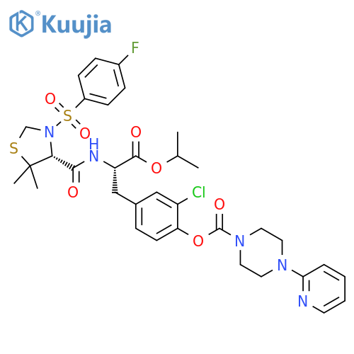 L-Tyrosine,3-chloro-N-[[(4R)-3-[(4-fluorophenyl)sulfonyl]-5,5-dimethyl-4-thiazolidinyl]carbonyl]-, 1-methylethyl ester, 4-(2-pyridinyl)-1-piperazinecarboxylate(ester) structure
