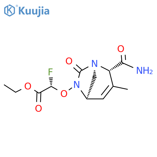 Acetic acid, 2-[[(1R,2S,5R)-2-(aminocarbonyl)-
3-methyl-7-oxo-1,6-diazabicyclo[3.2.1]oct-3-
en-6-yl]oxy]-2-fluoro-, ethyl ester, (2S)- structure