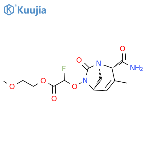 Acetic acid, 2-[[(1R,2S,5R)-2-(aminocarbonyl)-
3-methyl-7-oxo-1,6-diazabicyclo[3.2.1]oct-3-
en-6-yl]oxy]-2-fluoro-, 2-methoxyethyl ester structure