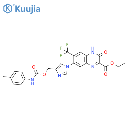 2-Quinoxalinecarboxylic acid, 3,4-dihydro-7-[4-[[[[(4-methylphenyl)amino]carbonyl]oxy]methyl]-1H-imidazol-1-yl]-3-oxo-6-(trifluoromethyl)-, ethyl ester structure