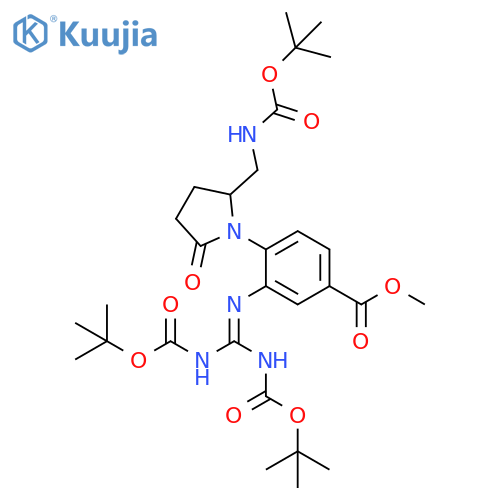 Benzoic acid, 3-[[bis[[(1,1-dimethylethoxy)carbonyl]amino]methylene]amino]-4-[2-[[[(1,1-dimethylethoxy)carbonyl]amino]methyl]-5-oxo-1-pyrrolidinyl]-, methyl ester structure