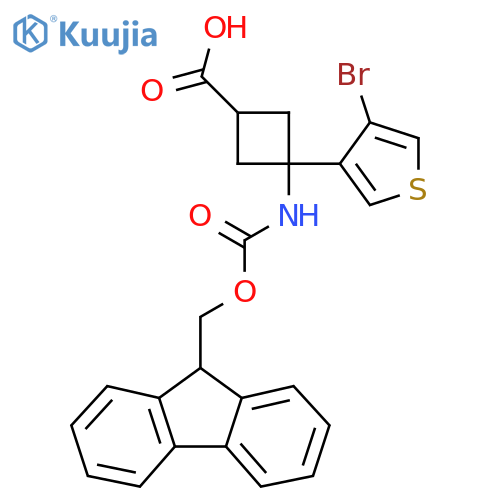 3-(4-bromothiophen-3-yl)-3-({(9H-fluoren-9-yl)methoxycarbonyl}amino)cyclobutane-1-carboxylic acid structure