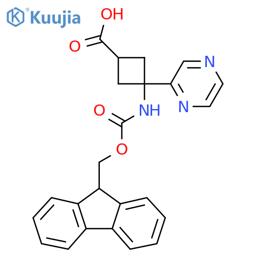 3-({(9H-fluoren-9-yl)methoxycarbonyl}amino)-3-(pyrazin-2-yl)cyclobutane-1-carboxylic acid structure