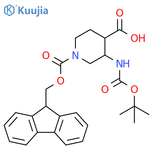 3-{[(tert-butoxy)carbonyl]amino}-1-{[(9H-fluoren-9- yl)methoxy]carbonyl}piperidine-4-carboxylic acid structure