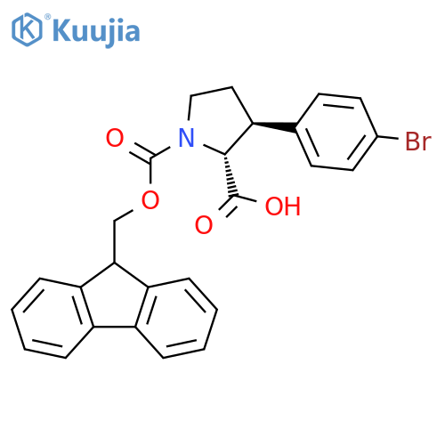 rac-(2R,3S)-3-(4-bromophenyl)-1-{(9H-fluoren-9-yl)methoxycarbonyl}pyrrolidine-2-carboxylic acid structure